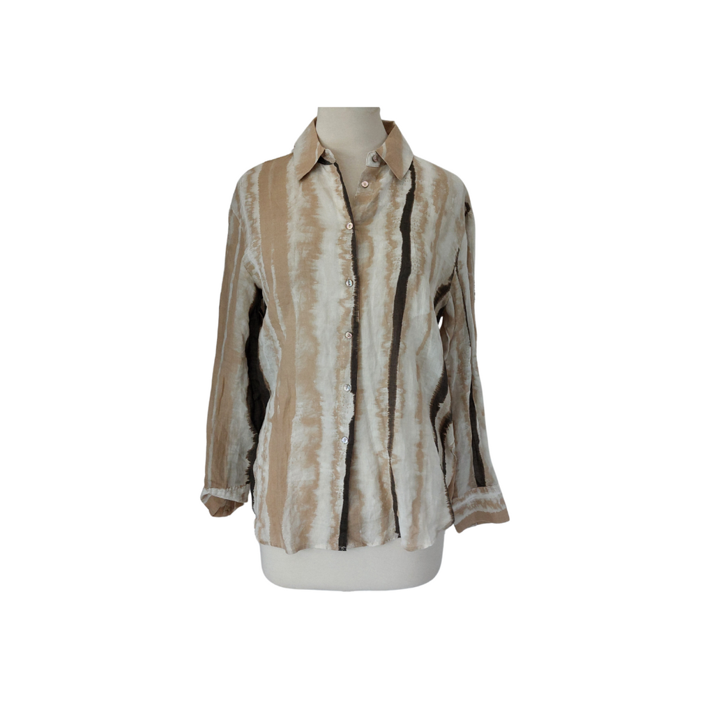 Mango Beige & Green 'Zoey' Collared Button Down Shirt | Brand New |