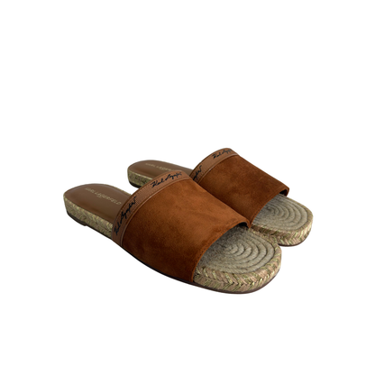 Karl Lagerfeld Paris Tan Tarzana 2 Script Espadrille Slide Suede Sandals | Brand New |