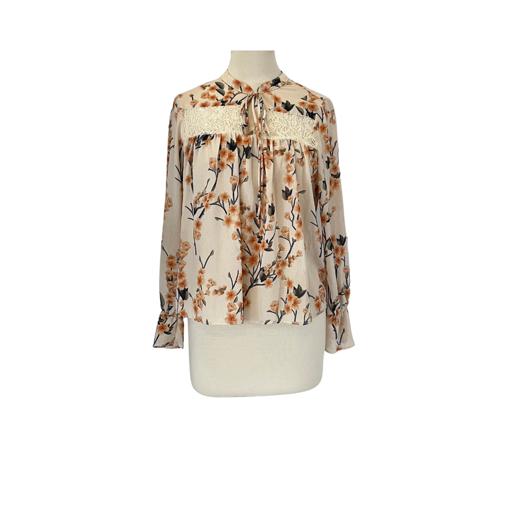 Harlowe & Graham Beige Floral Printed & Lace Blouse | Gently Used |