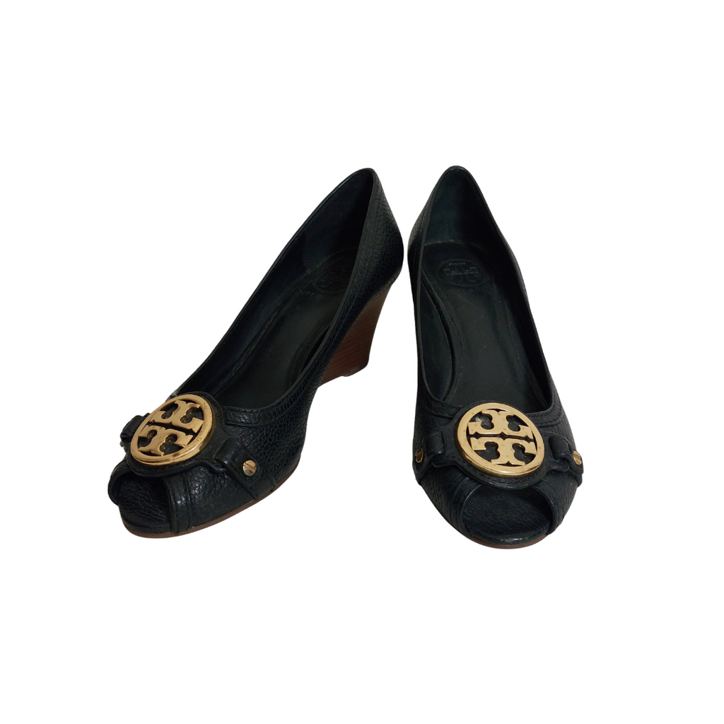Tory Burch Black Leather 'Leticia' Peep-toe Wedges | Pre Loved |