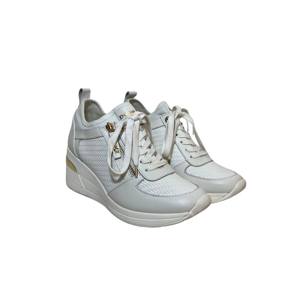 DUNE White Eilin Zip Detail Wedge Leather Trainers | Like New |