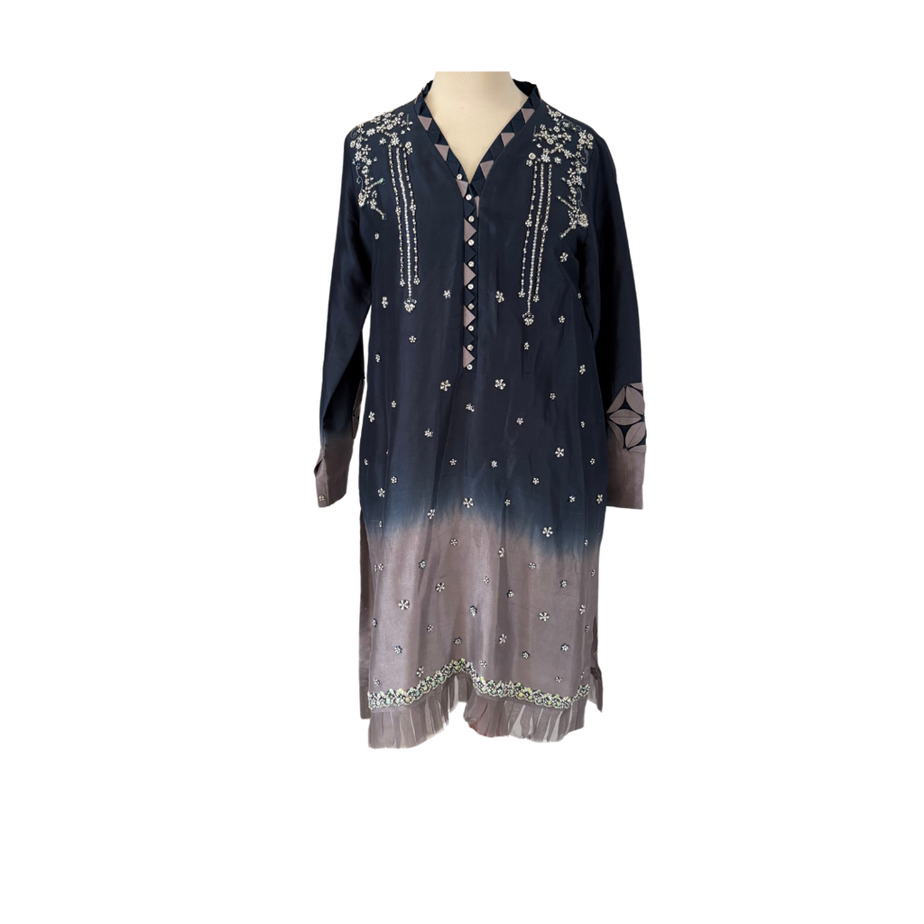 Momina Teli Blue & Grey Ombre Embellished & Appliqué Outfit (2 PC) | Pre Loved |
