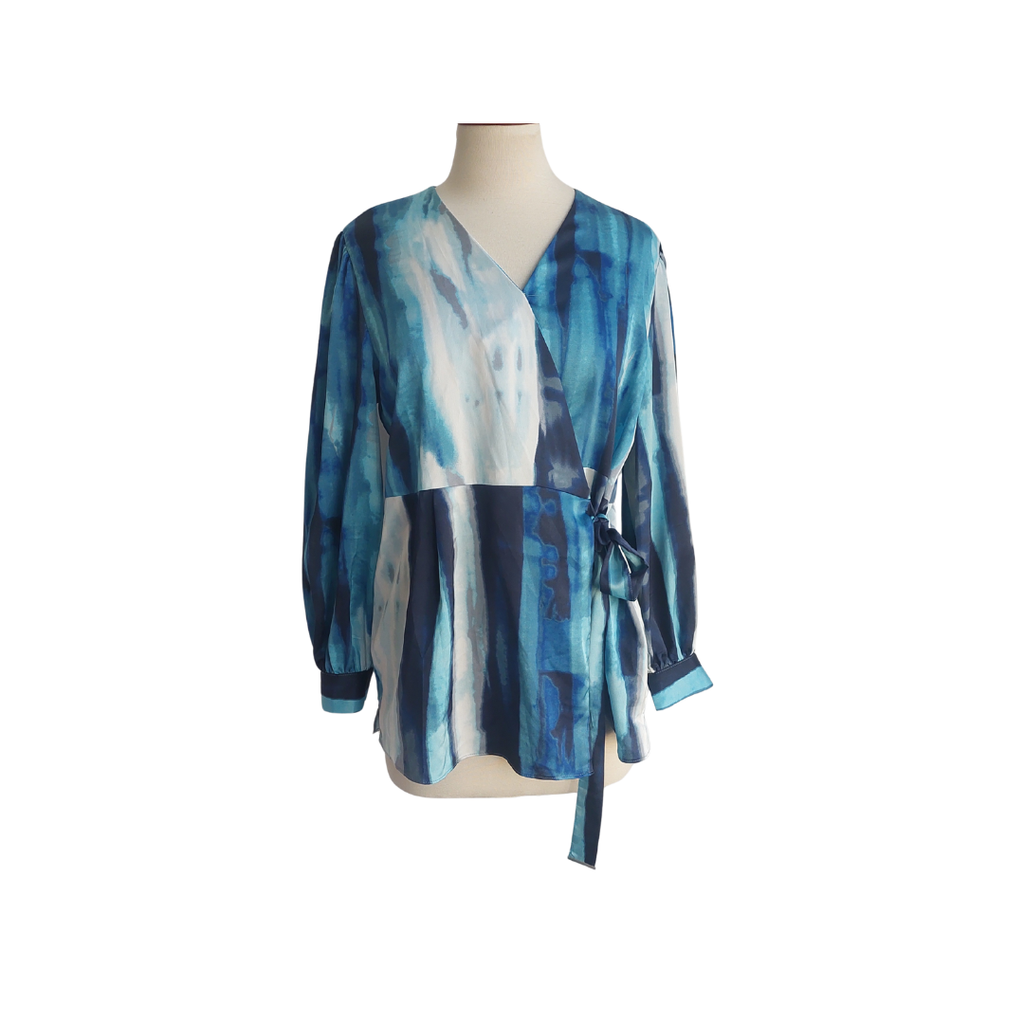 Iconic By Splash Blue Abstract Print Satin Wrap Blouse | Brand New |