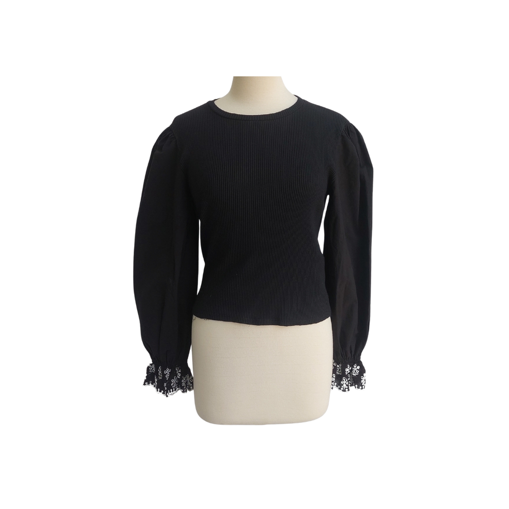 Zara Black Ribbed & Embroidered Top | Like New |