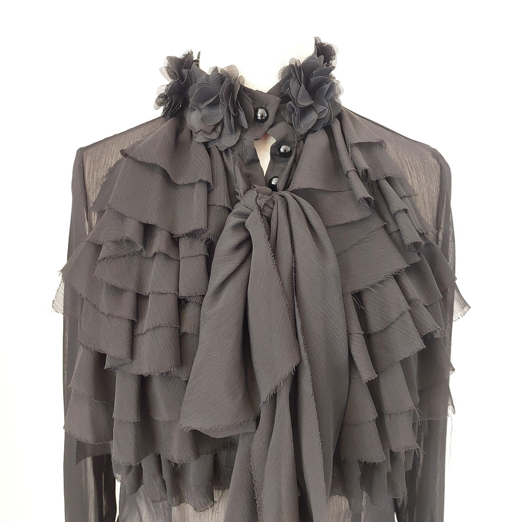 Quiz Black Sheer Floral Appliqué & Frill Top | Brand New |