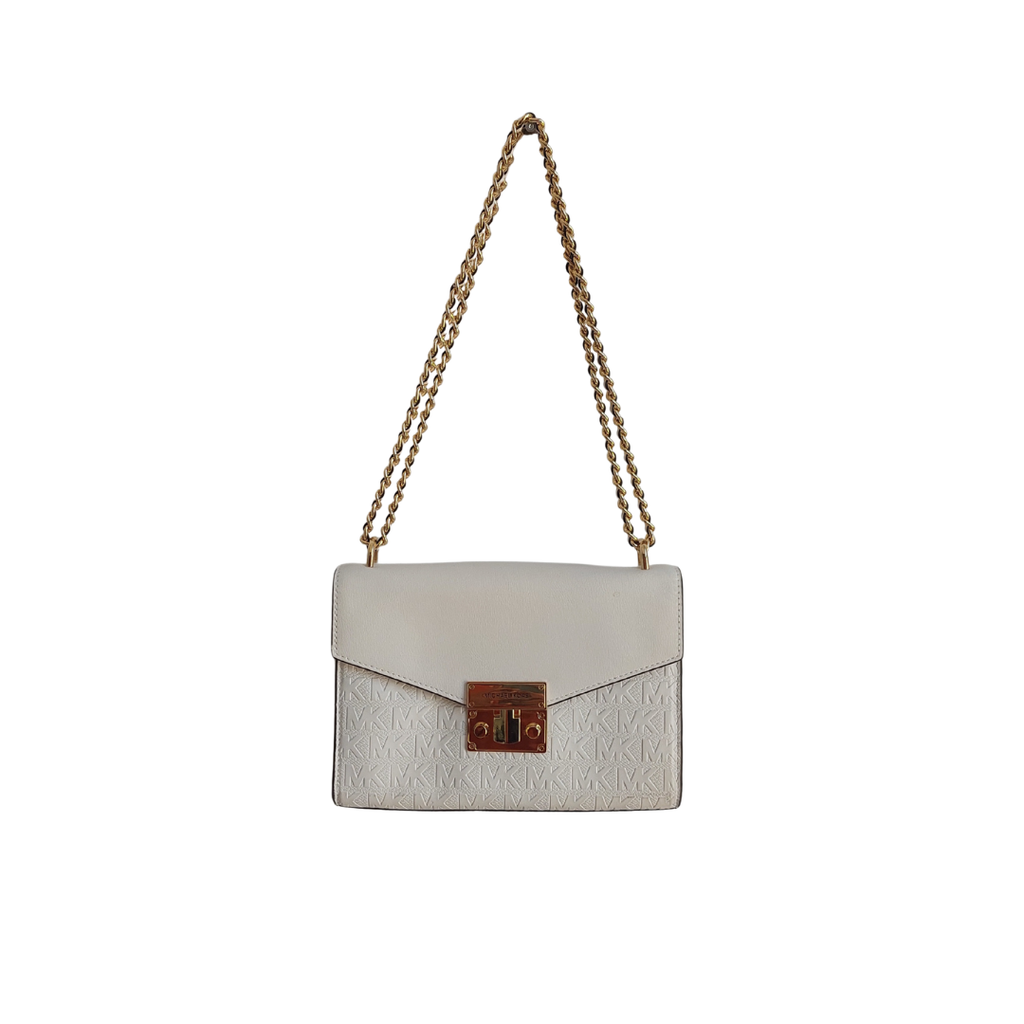 Michael Kors White Vegan Leather Rose Medium Shoulder Chain Crossbody Bag | Gently Used |