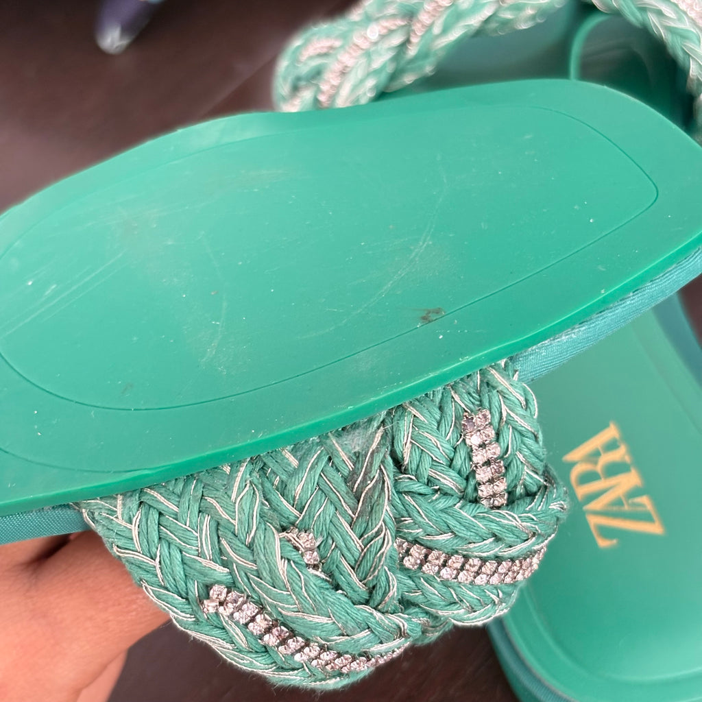 ZARA Green Woven Rhinestone Slip On Flat Sandals | Gently Used |