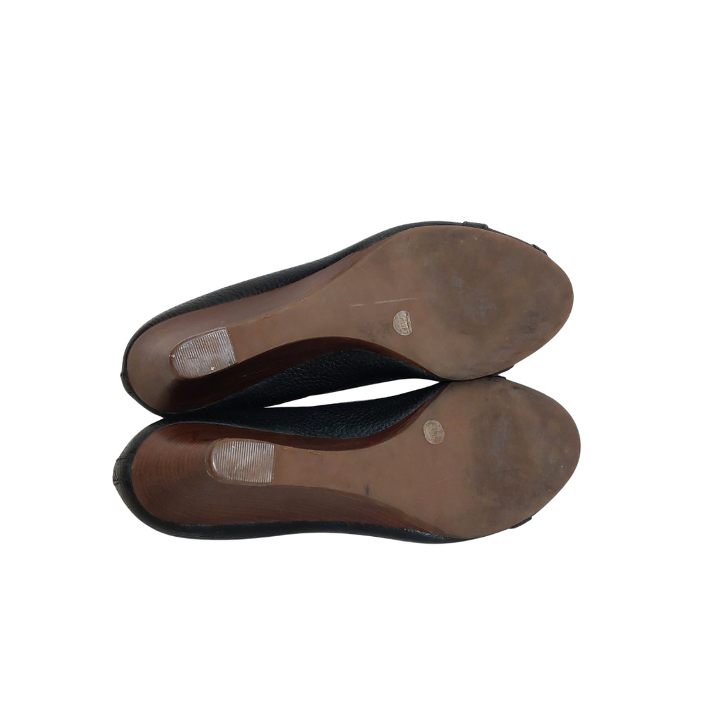 Tory Burch Black Leather 'Leticia' Peep-toe Wedges | Pre Loved |