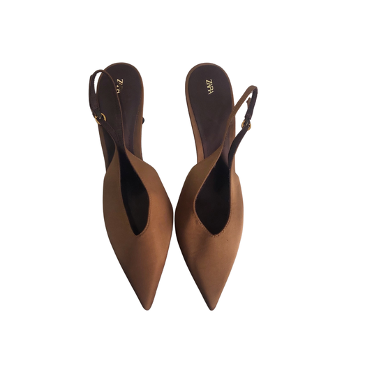 Zara Brown Satin Slingback Heels | Gently Used |