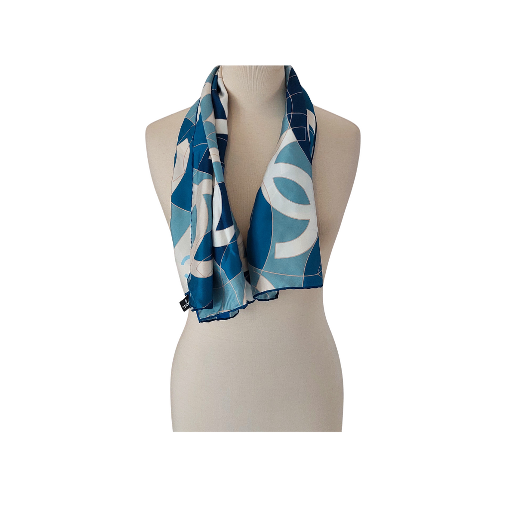 Chanel Blue & White Monogrammed Silk Square Scarf | Like New |