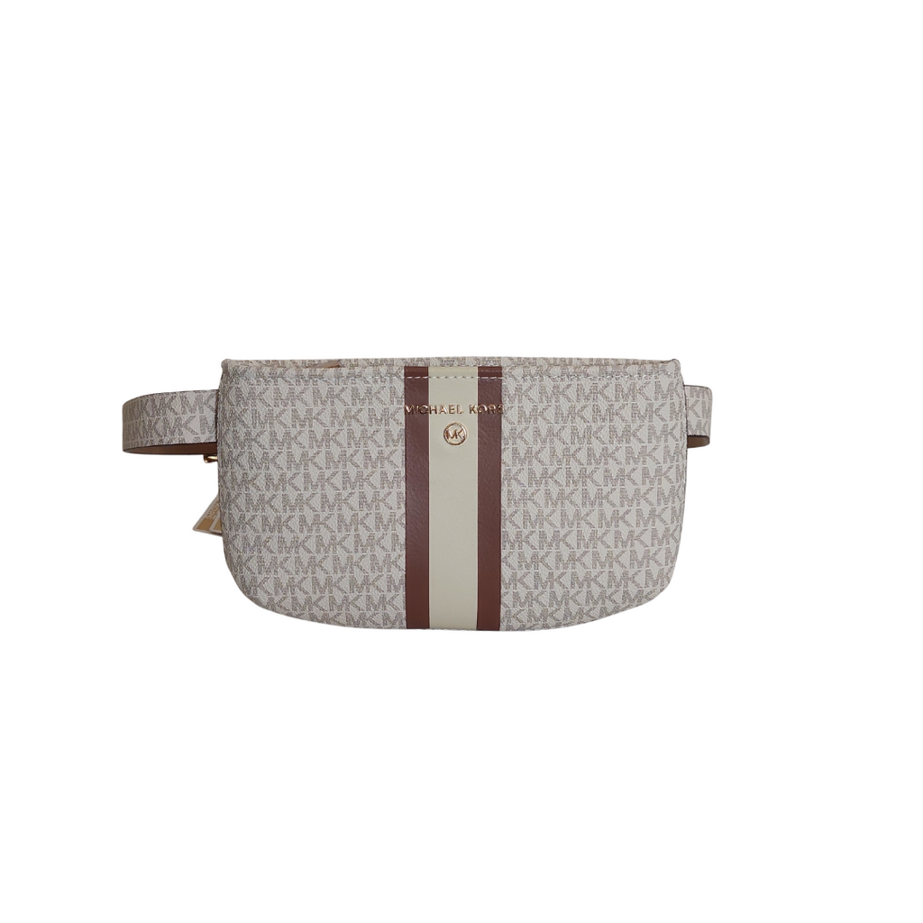 Michael Kors White & Brown Monogram Center Stripe Faux-Leather Belt Bag | Brand New |