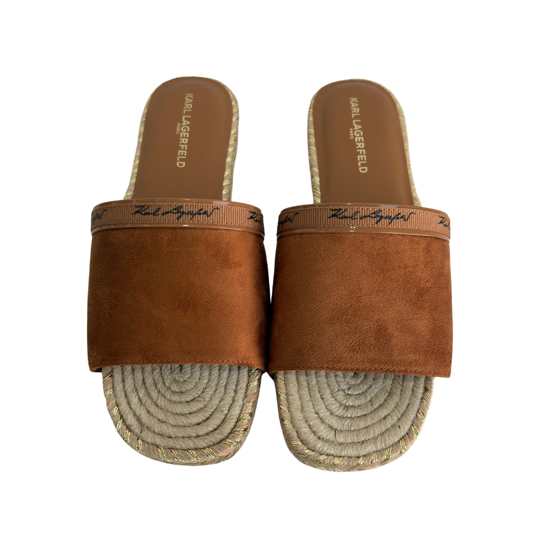 Karl Lagerfeld Paris Tan Tarzana 2 Script Espadrille Slide Suede Sandals | Brand New |