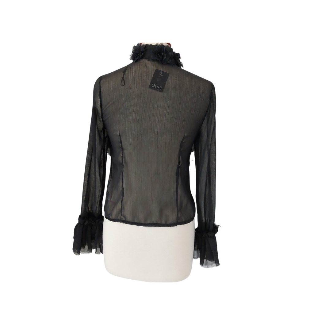 Quiz Black Sheer Floral Appliqué & Frill Top | Brand New |