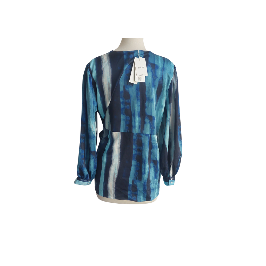 Iconic By Splash Blue Abstract Print Satin Wrap Blouse | Brand New |