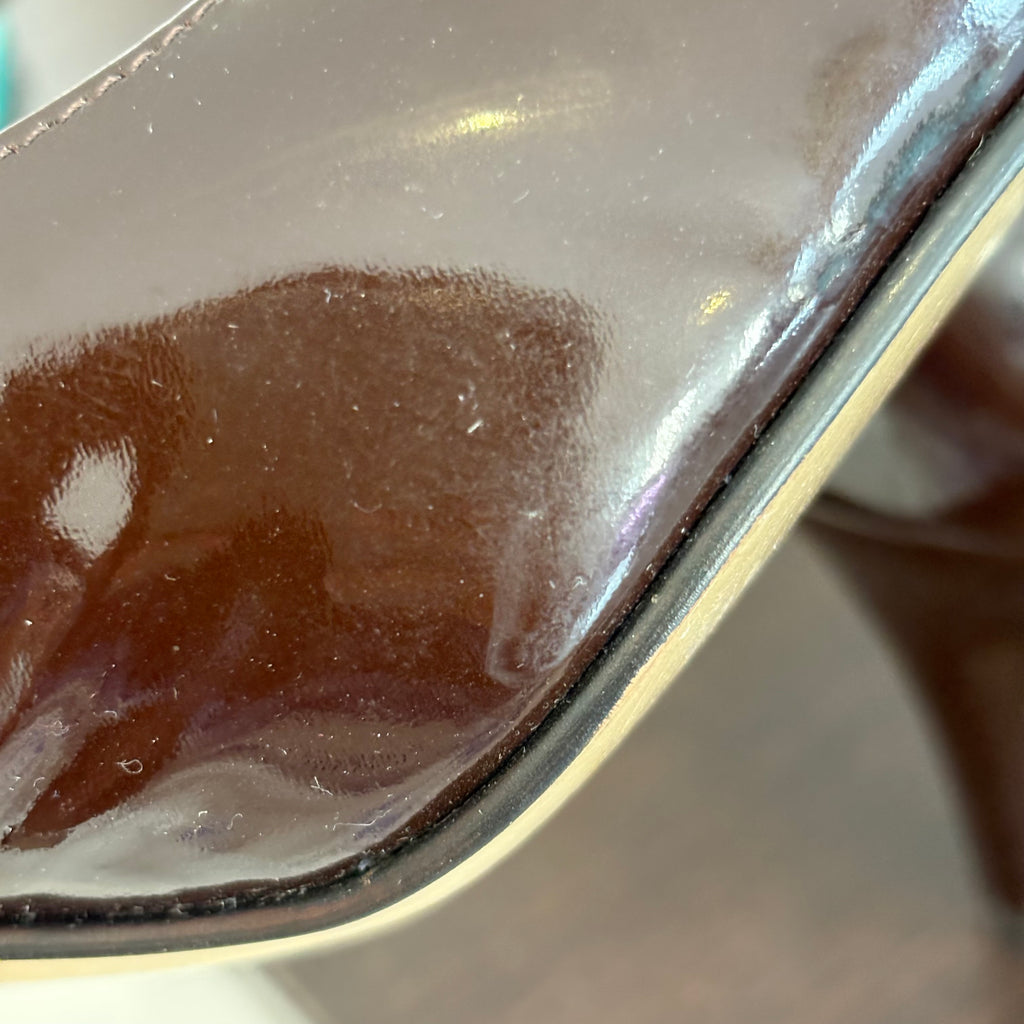 Via Venetto Brown Patent Peep Toe Heels | Pre Loved |