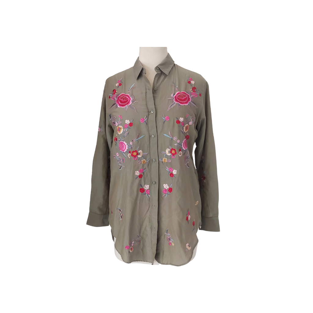 Zara Khaki Green Floral Embroidered Collared Long Shirt | Gently Used |