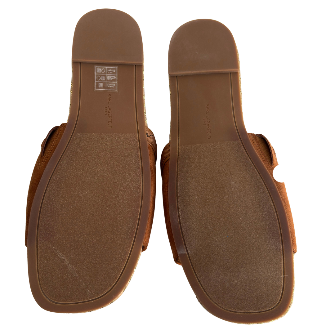 Karl Lagerfeld Paris Tan Tarzana 2 Script Espadrille Slide Suede Sandals | Brand New |