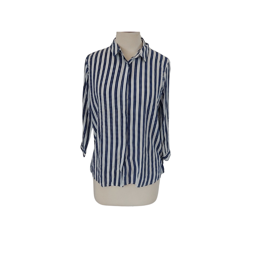 Stradivarius White & Blue Striped Collared Shirt | Gently Used |