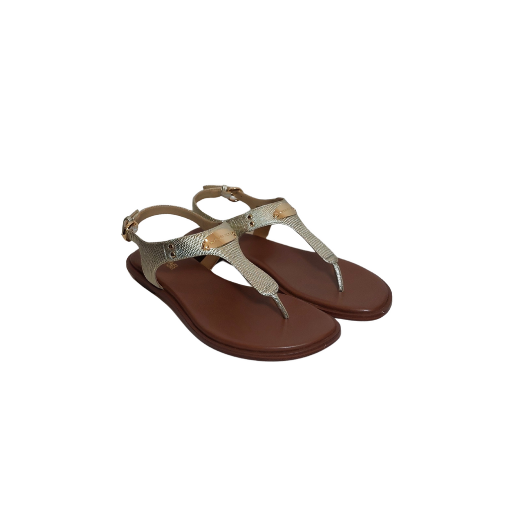 Michael Kors Gold MK Plate Leather Thongs Sandals | Brand New |