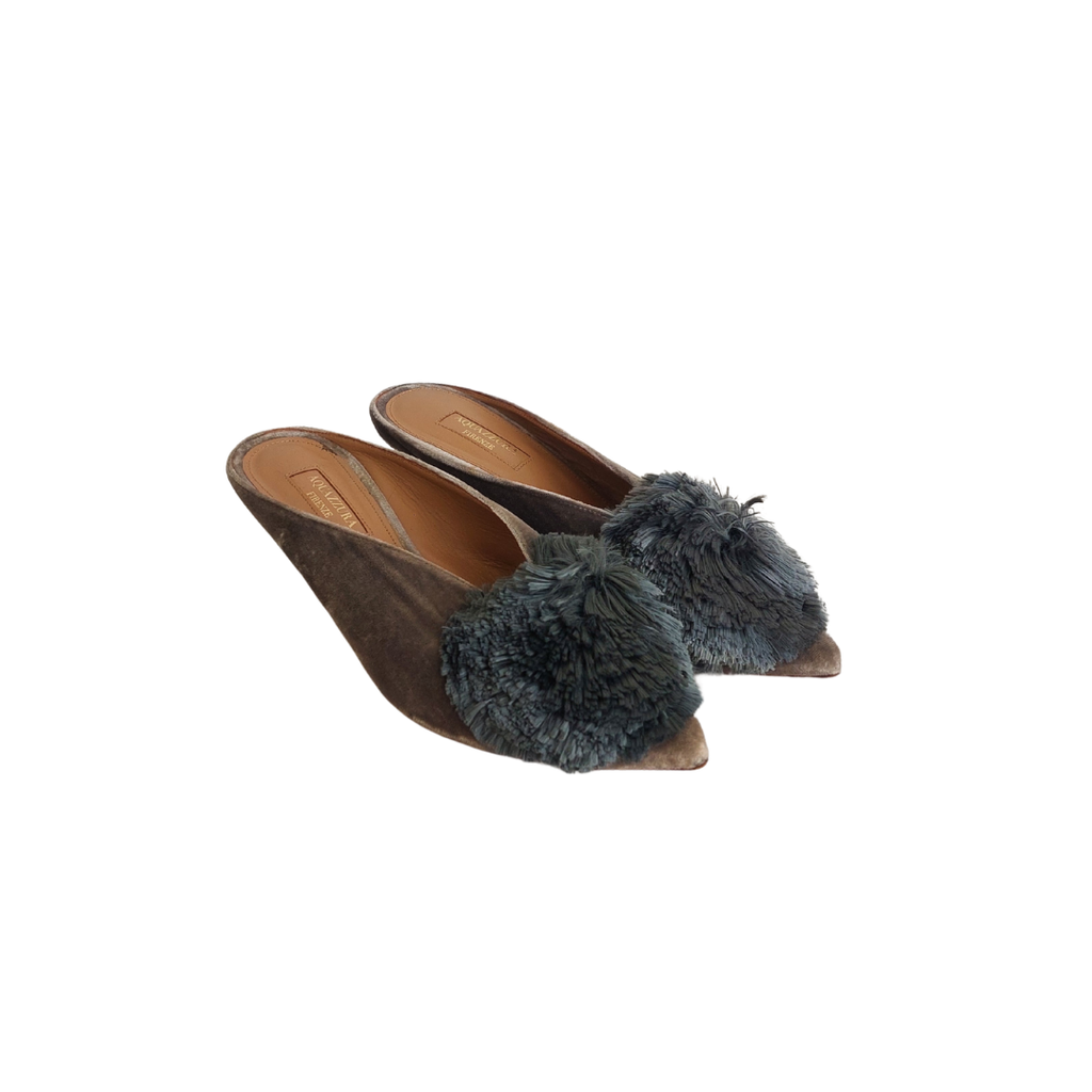 Aquazzura Grey Velvet Powder Puff Mules | Pre Loved |