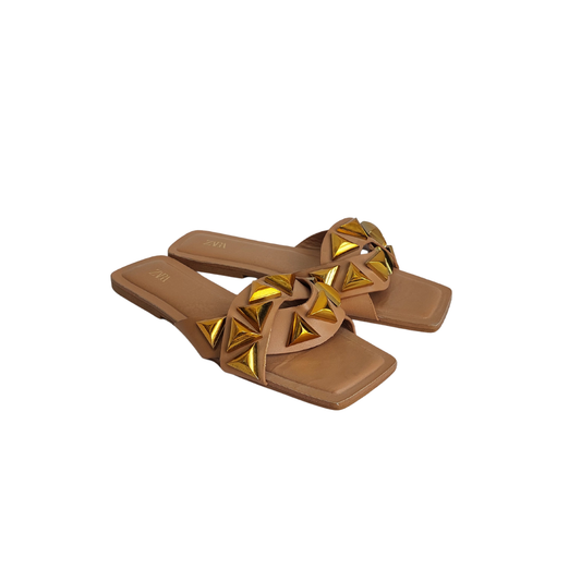 Zara Brown Gold Stud Slides | Pre Loved |