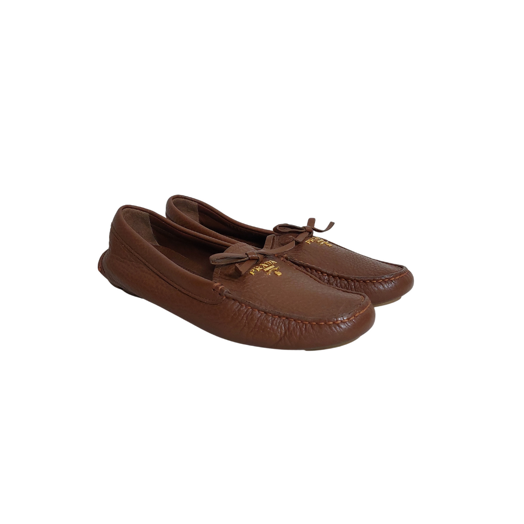 Prada Brown Pebbled Leather Loafers | Pre Loved |