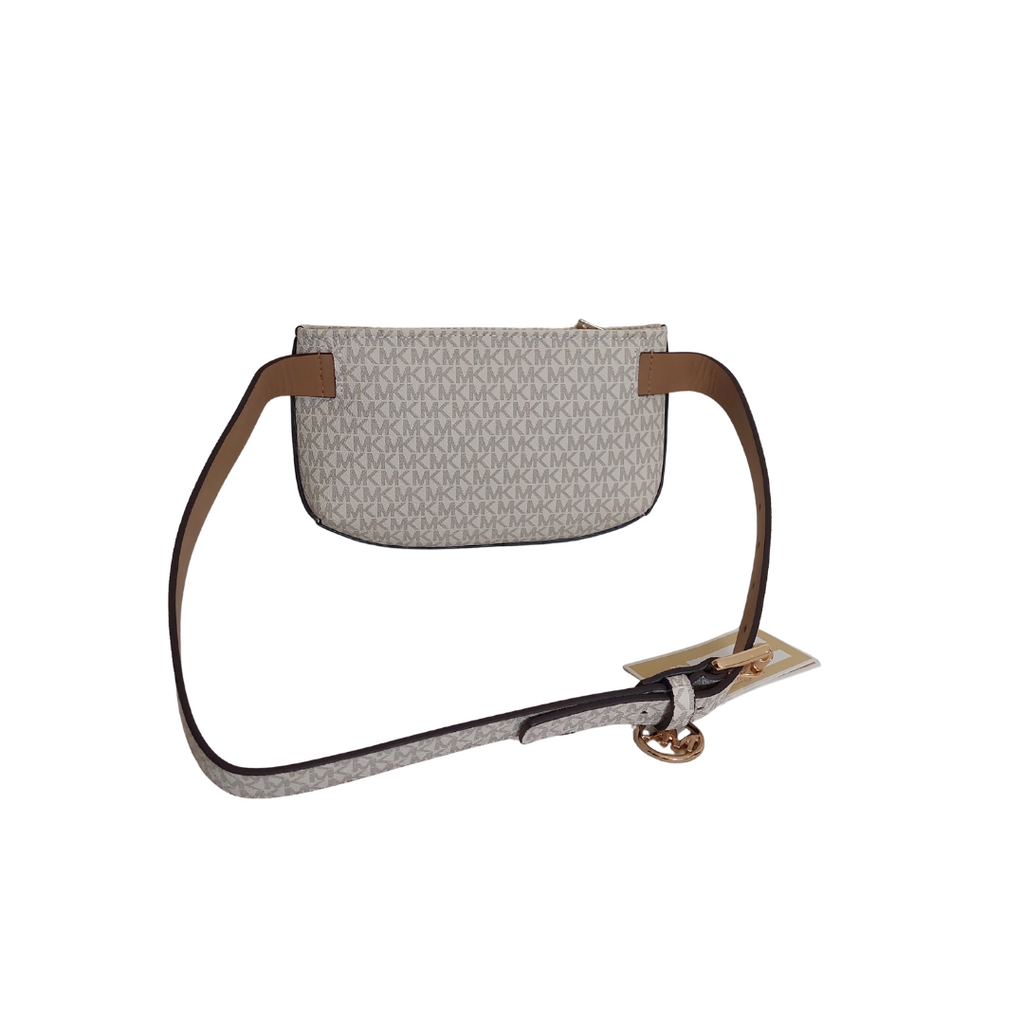 Michael Kors White & Brown Monogram Center Stripe Faux-Leather Belt Bag | Brand New |
