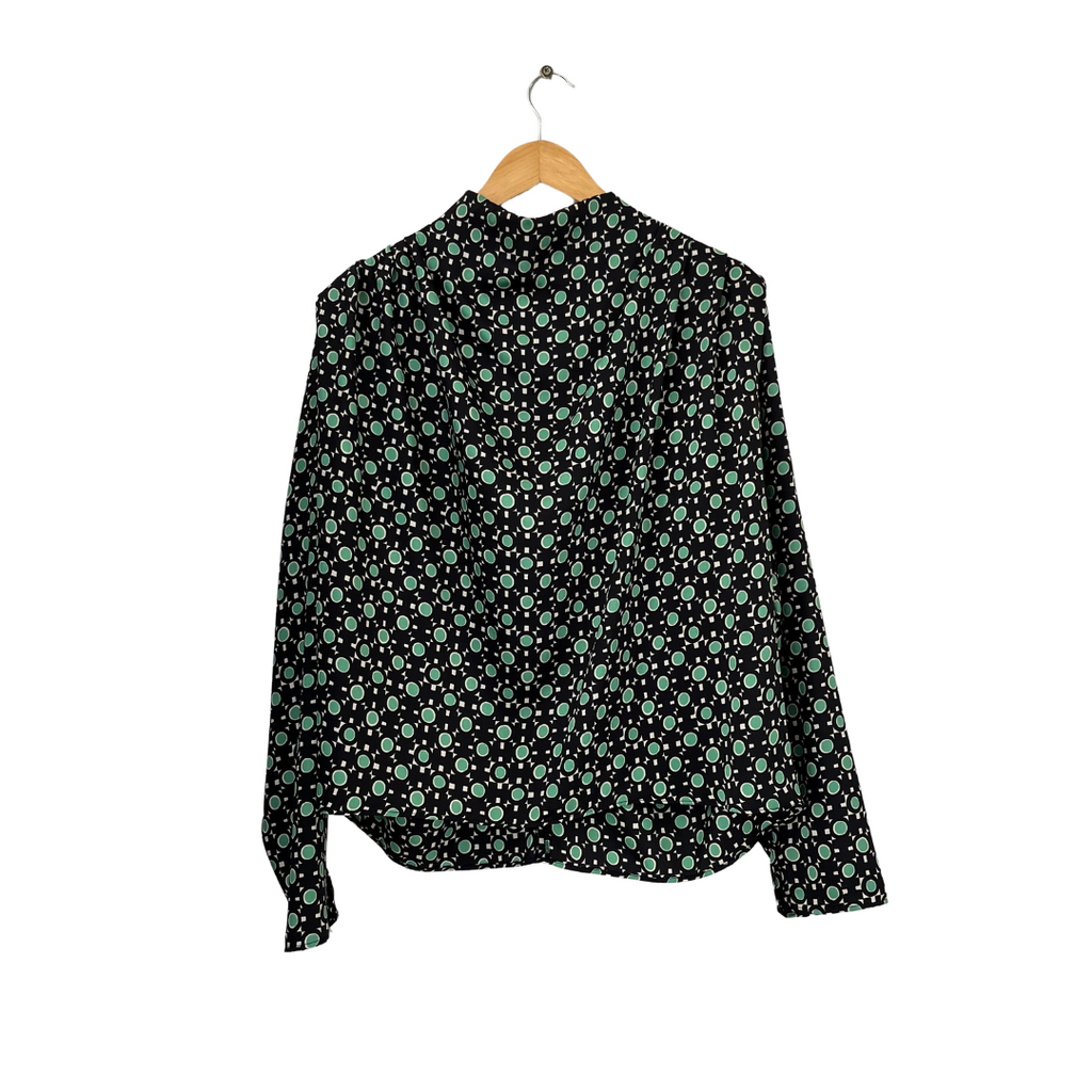 Zara Black & Green Printed Satin Mock-Neck Blouse | Like New |