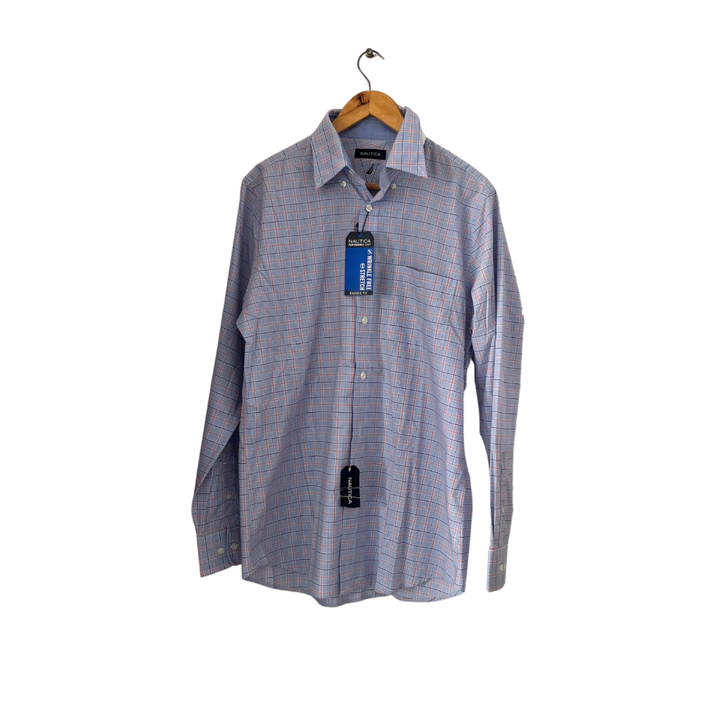 Nautica Men's Light Blue Checked 100% Cotton Collared Shirt | Brand New |