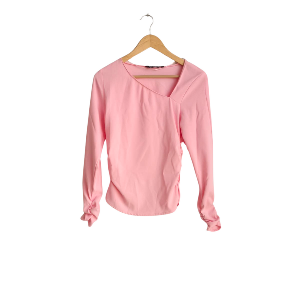 ZARA Pink Asymmetrical Neckline Ruched Detail Top | Pre Loved |