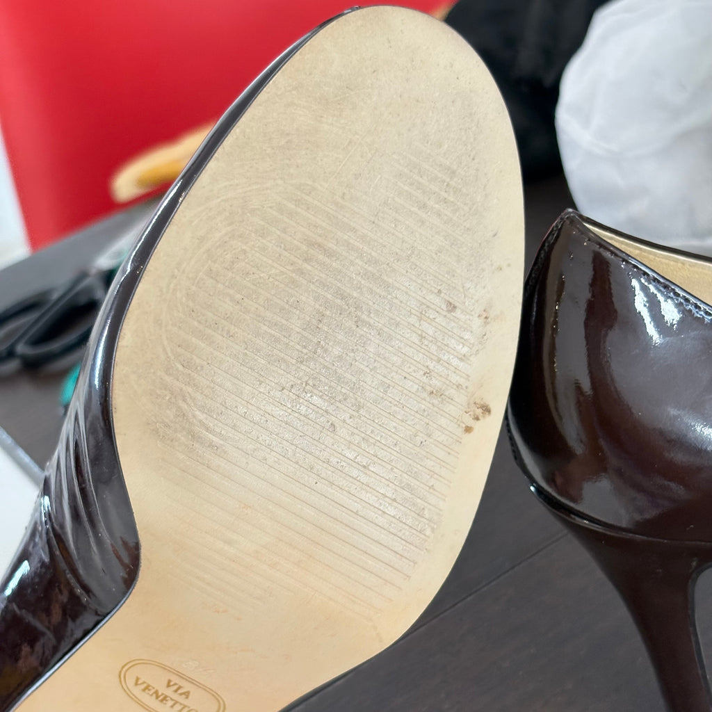 Via Venetto Brown Patent Peep Toe Heels | Pre Loved |