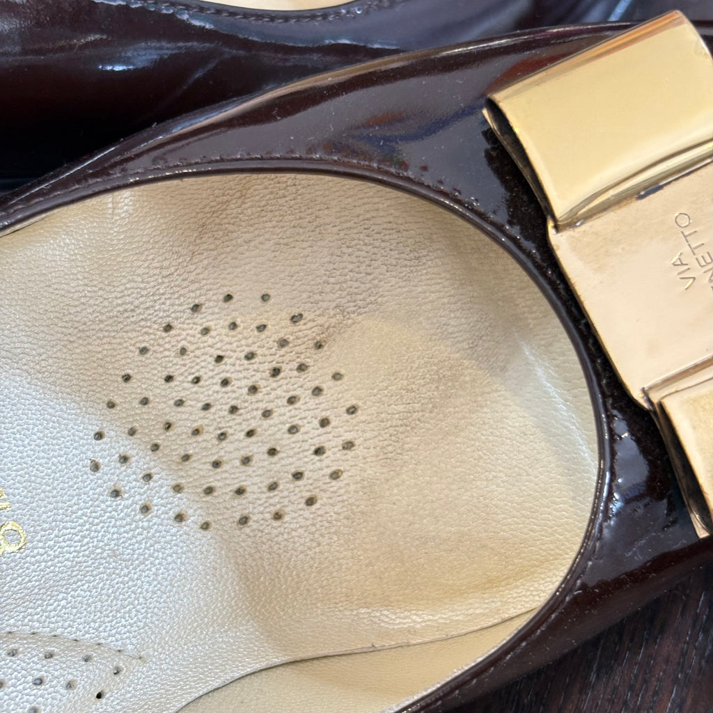 Via Venetto Brown Patent Peep Toe Heels | Pre Loved |