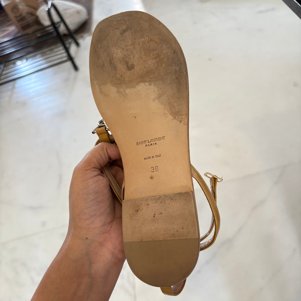 Saint Laurent 'Cassandra' Nude Patent Leather Ankle-strap Sandals | Gently Used |