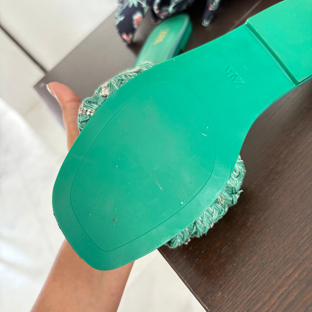 ZARA Green Woven Rhinestone Slip On Flat Sandals | Gently Used |