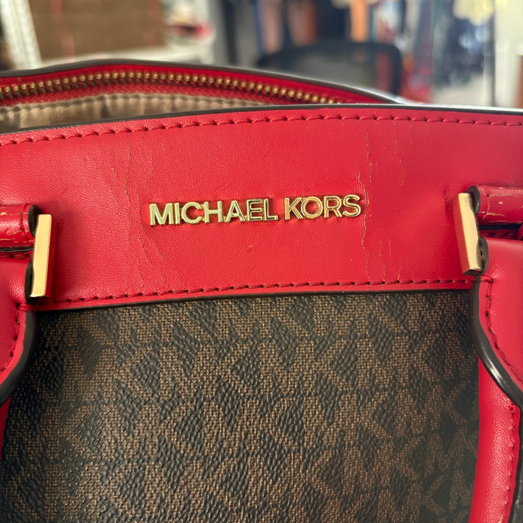 Michael Kors Flame Red & Brown Canvas & Leather Travel Large Signature Tote | Pre Loved |