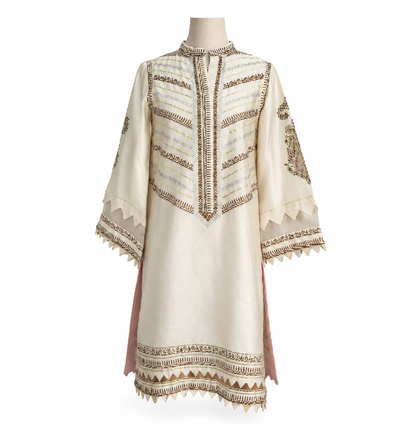 Annus Abrar Ivory Block Print Rawsilk Outfit (2 Piece) | Pre Loved |
