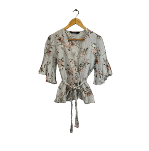 Zara Grey Floral Printed Bell-Sleeves Peplum Top | Like New |