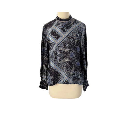 Zara Blue Printed High-neck Satin Blouse | Gently Used |