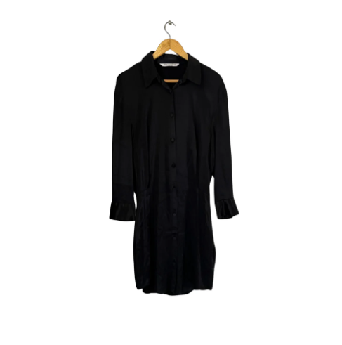 ZARA Black Satin Knee-length Collared Shirt Dress | Pre Loved |