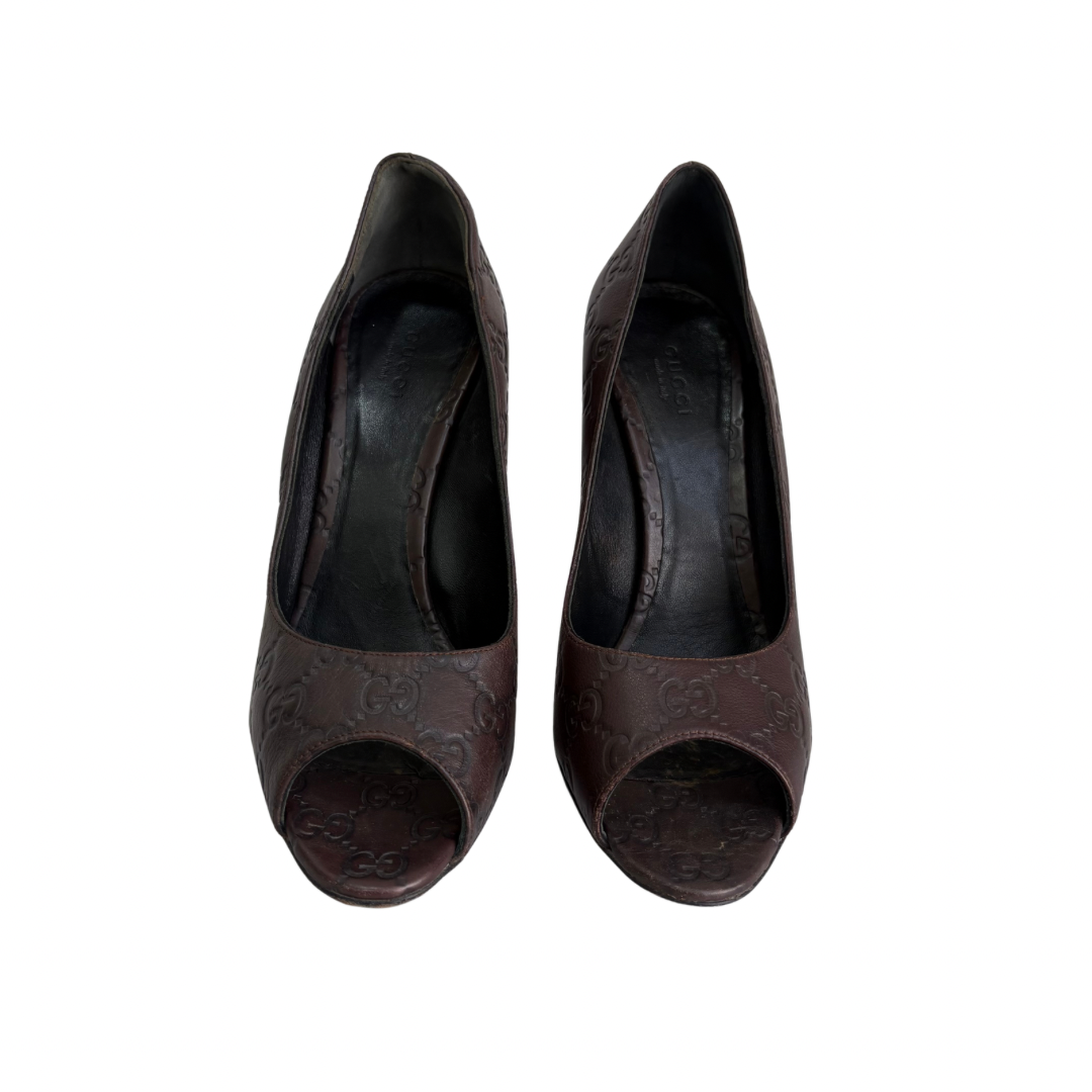 Gucci Brown Guccissima Leather Peep Toe Pumps | Gently Used |