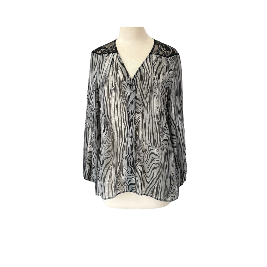 Lily White Black & Grey Lace Sheer Printed Shirt | Gently Used |