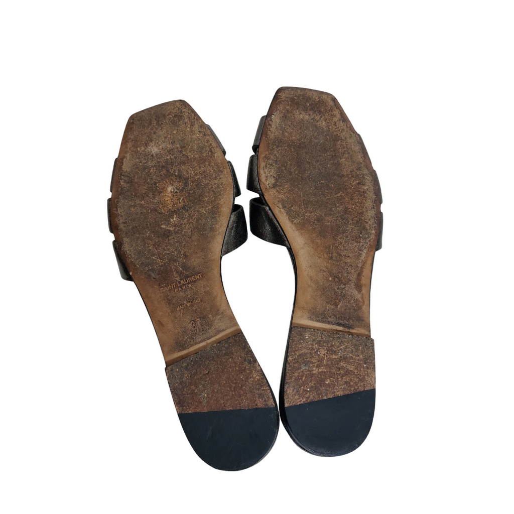 Saint Laurent Silver Metallic Leather Tribute Slide Sandals | Pre Loved |