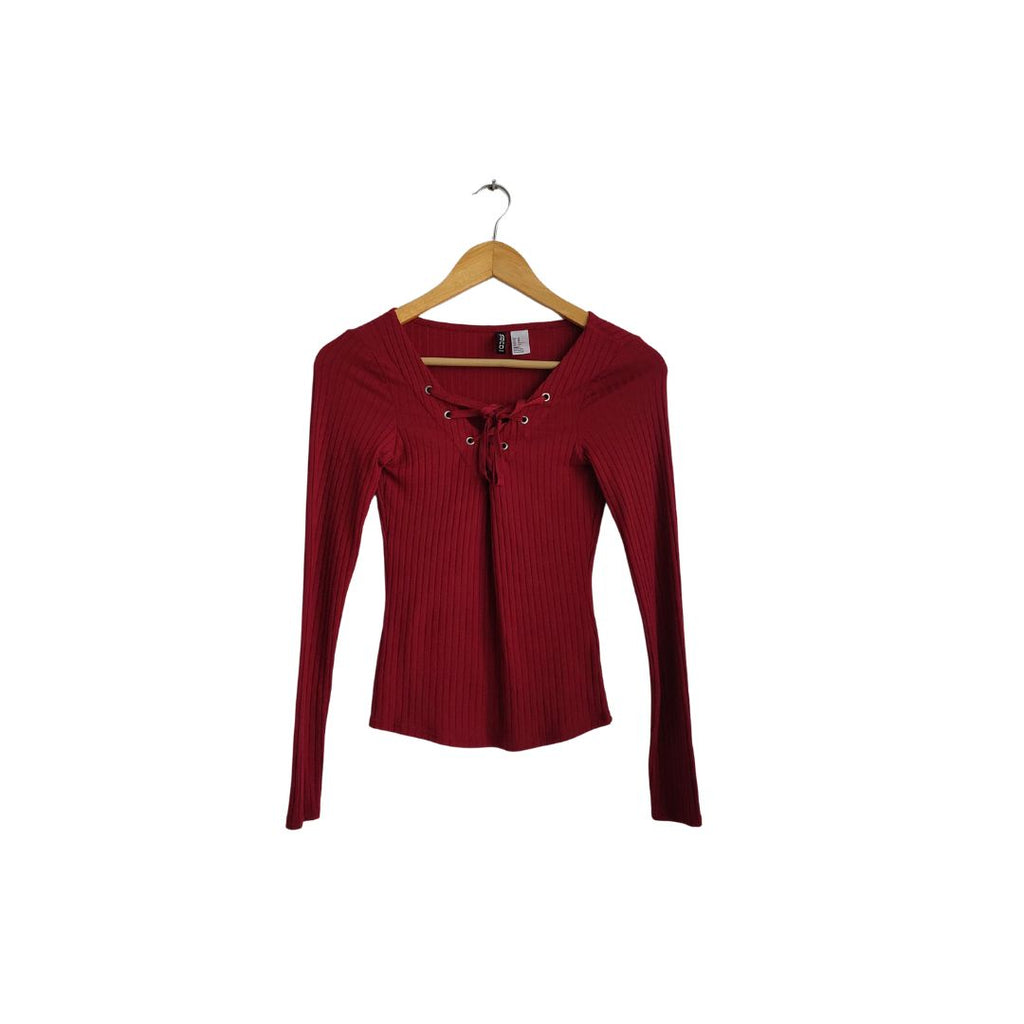 H&M Dark Pink Ribbed Front Criss Cross Tie-up Top | Gently Used |