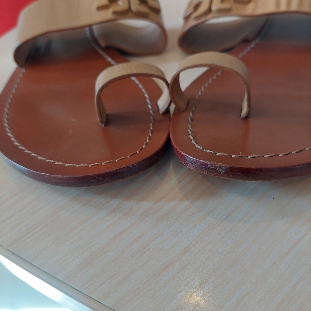 Tory Burch Beige Leather 'Lowell 2' Flat Slide Sandals | Pre Loved |