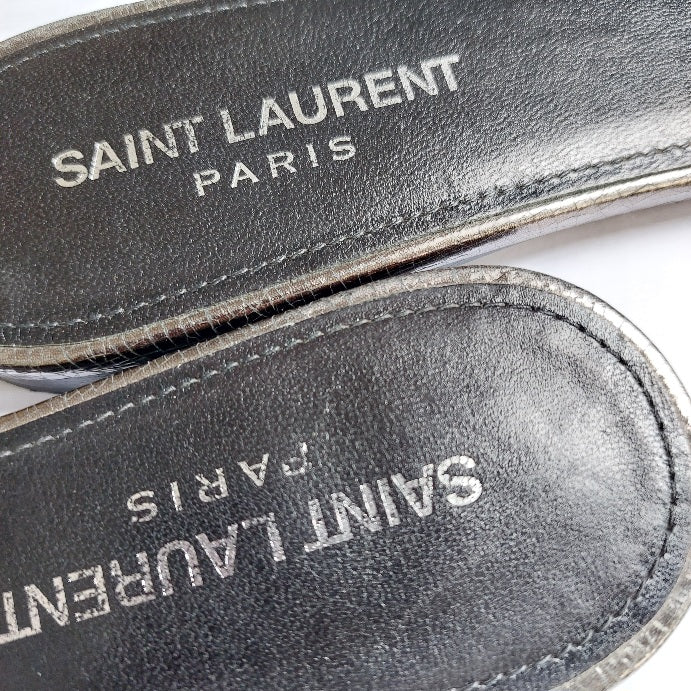 Saint Laurent Silver Metallic Leather Tribute Slide Sandals | Pre Loved |