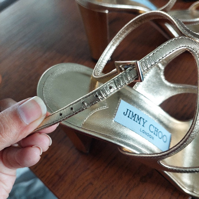 Jimmy Choo Gold Metallic Leather Azie 85 Sandals | Gently used |