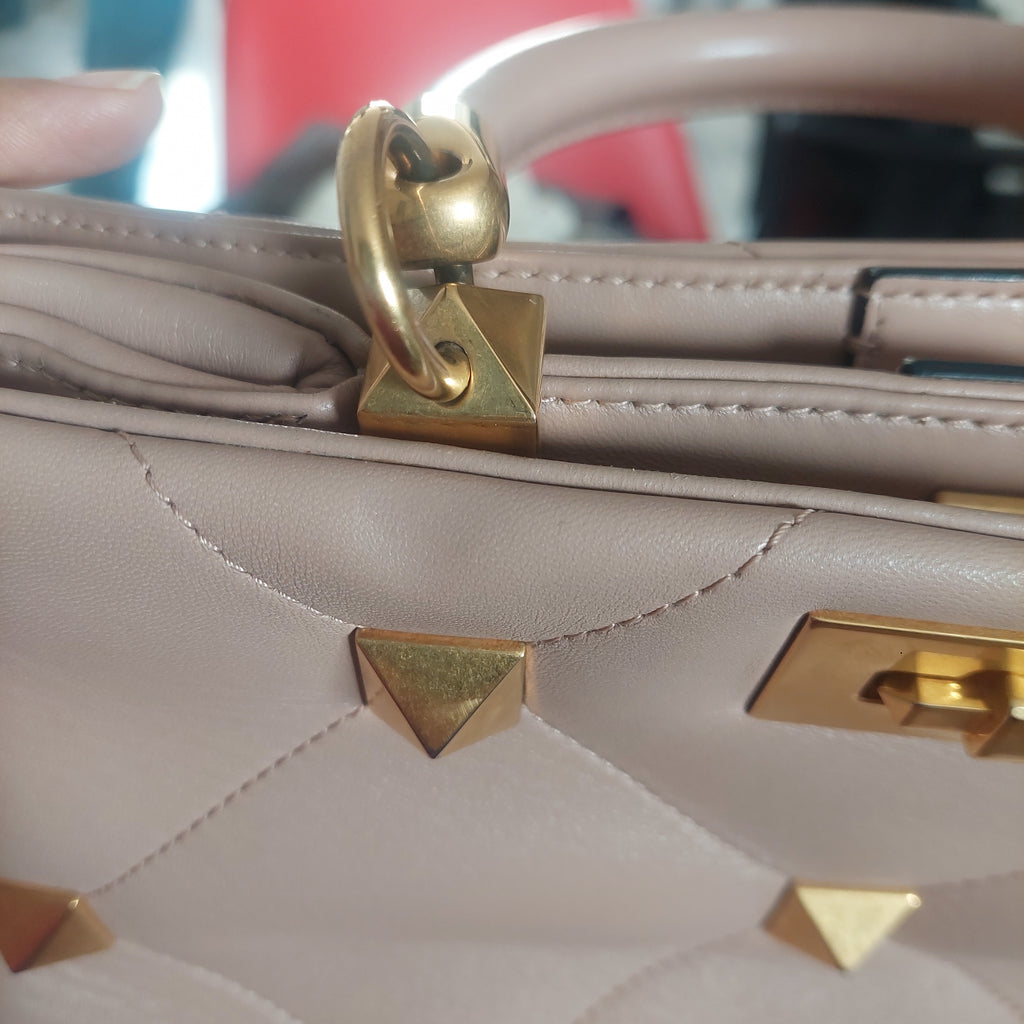 Valentino Rose Cannelle Leather Medium Roman Stud Top Handle Bag | Pre Loved |