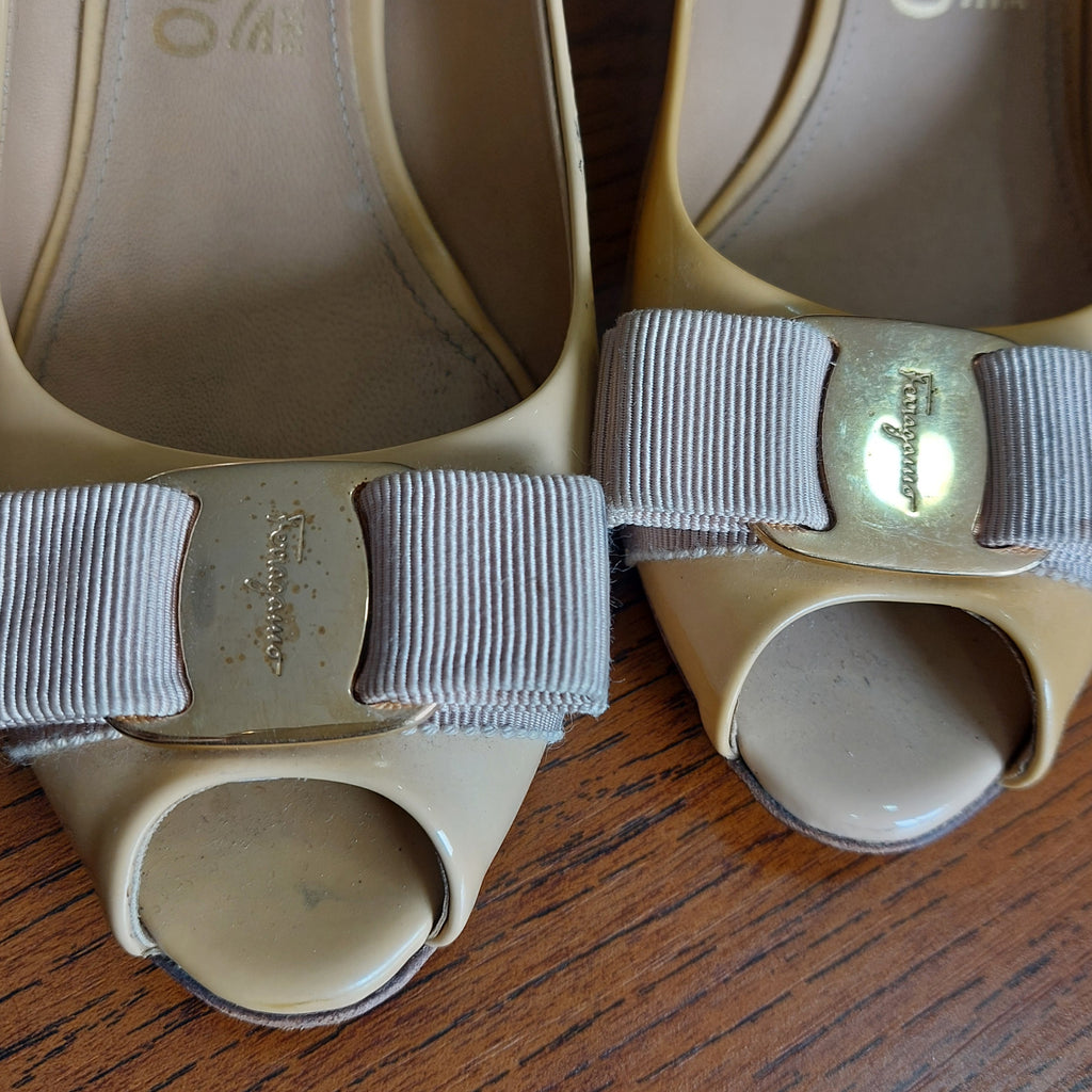 Salvatore Ferragamo Beige Patent Leather Peep Toe Heels | Pre Loved |