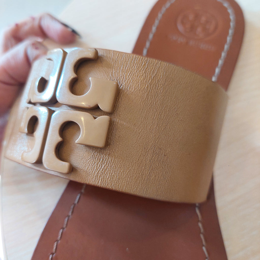 Tory Burch Beige Leather 'Lowell 2' Flat Slide Sandals | Pre Loved |