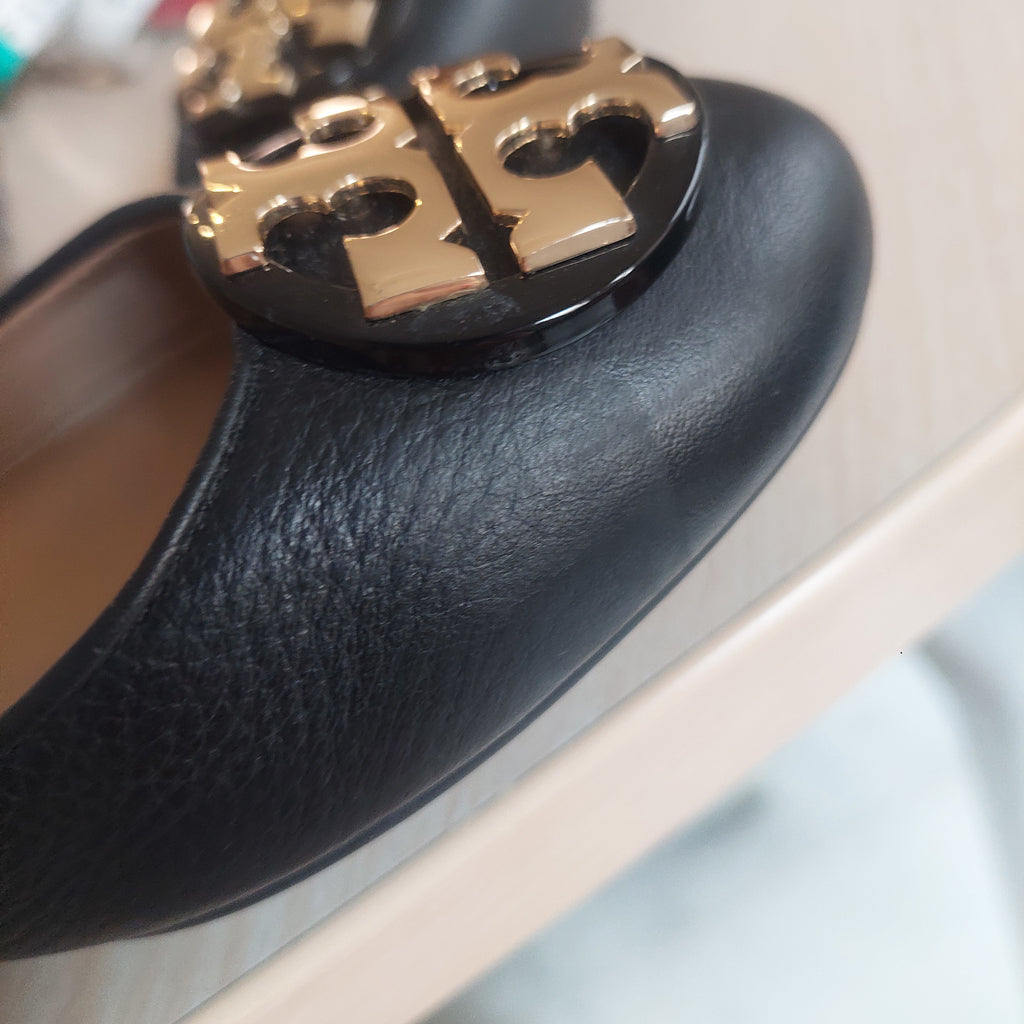 Tory Burch Black Claire Tumbled Leather Ballet Flats | Pre Loved |